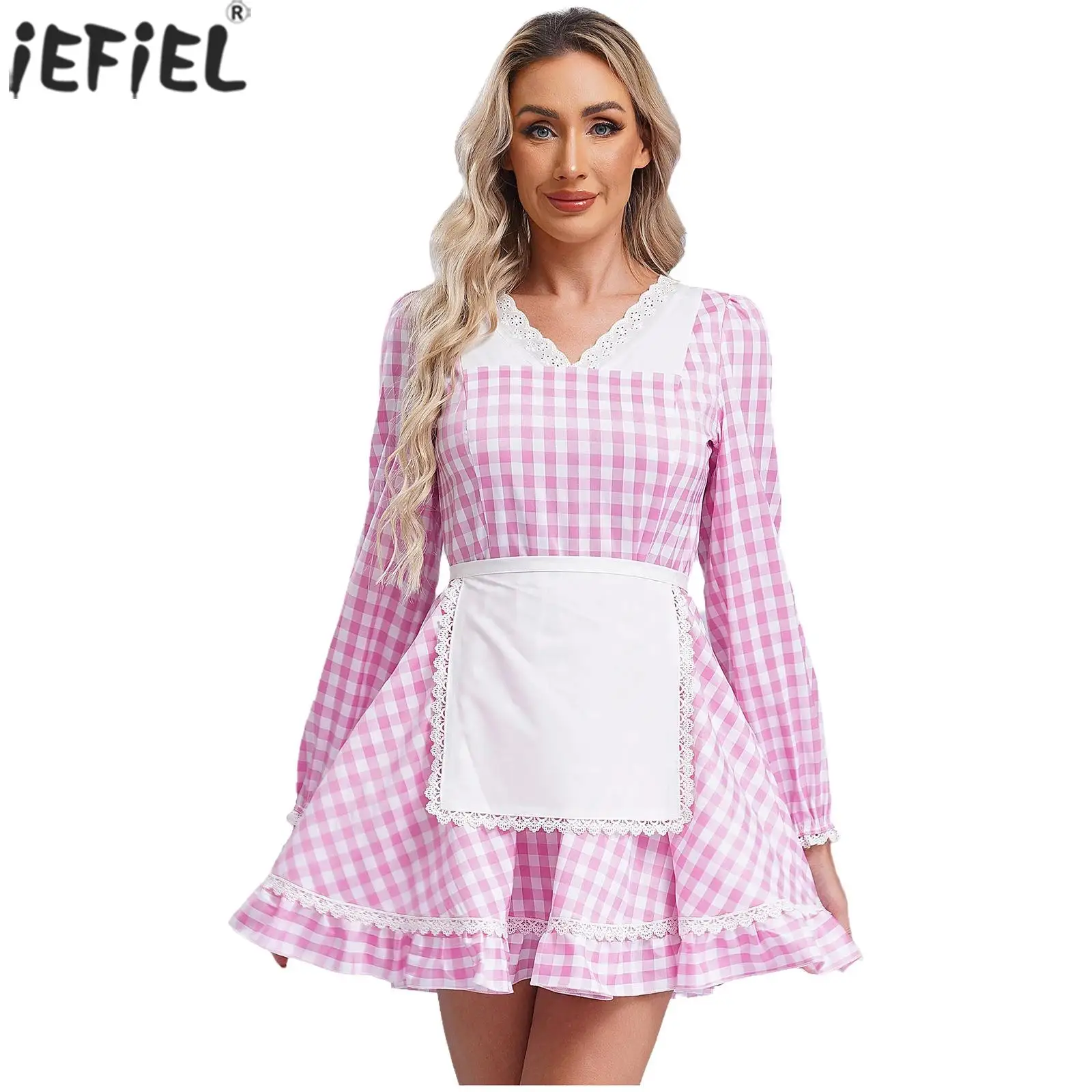 Womens Maid Servant Work Dress Margot Robbie Cookie Apron Clothes Long Sleeve Lace Trim Gingham Dress with Apron Cosplay Costume