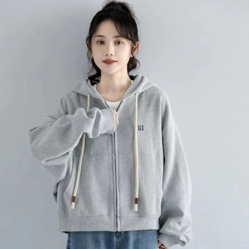 

Spring And Autumn New Fashion Gray Hoodie Women Winter Velvet Thickened Loose Zipper Cardigan Jacket Casual Short Blouse