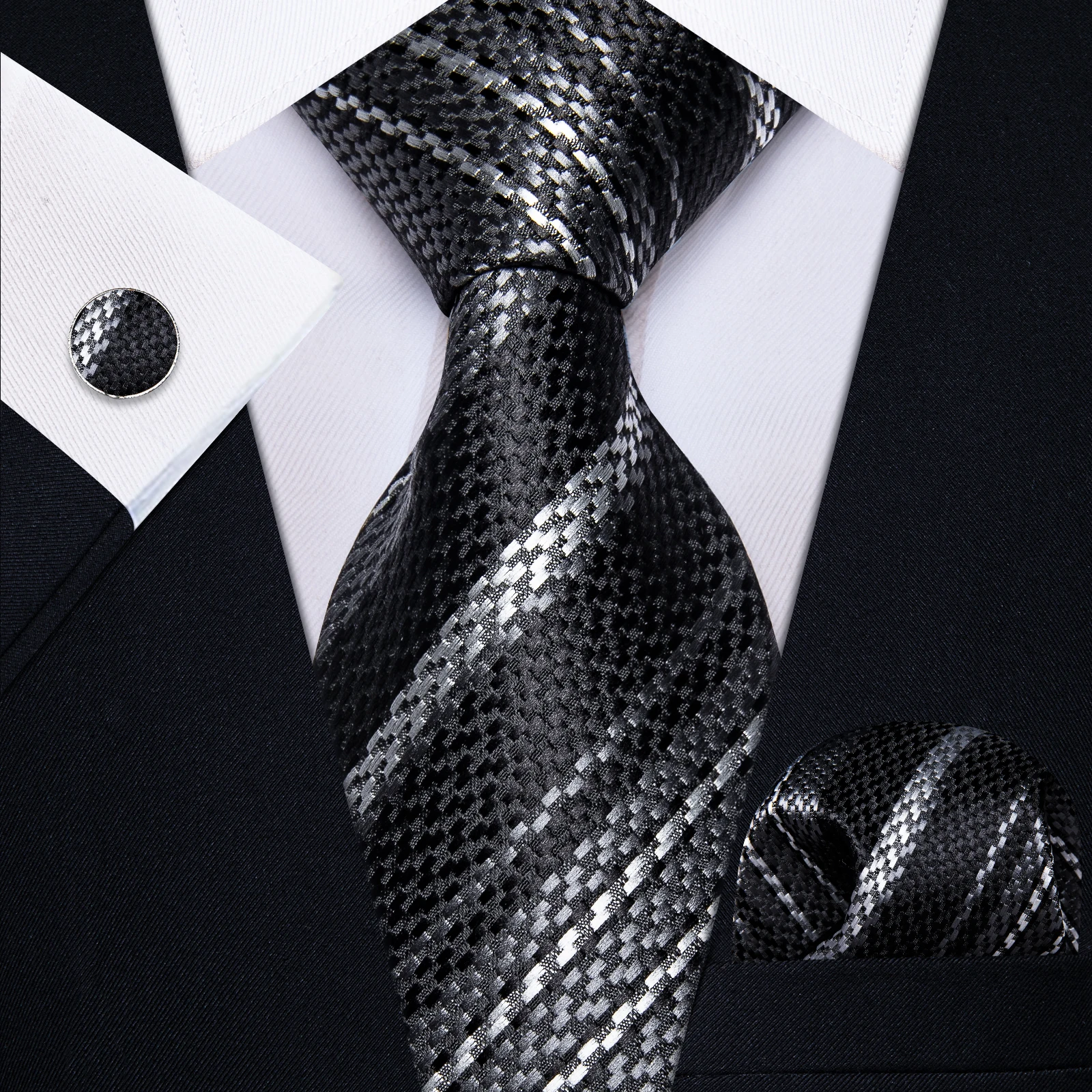 Männer Schwarz Weiß Grau Krawatten Gestreiften Paisley Floral Hochzeit Formale Krawatte Taschentuch Manschettenknöpfe Geschenk Dropship – Detail 7