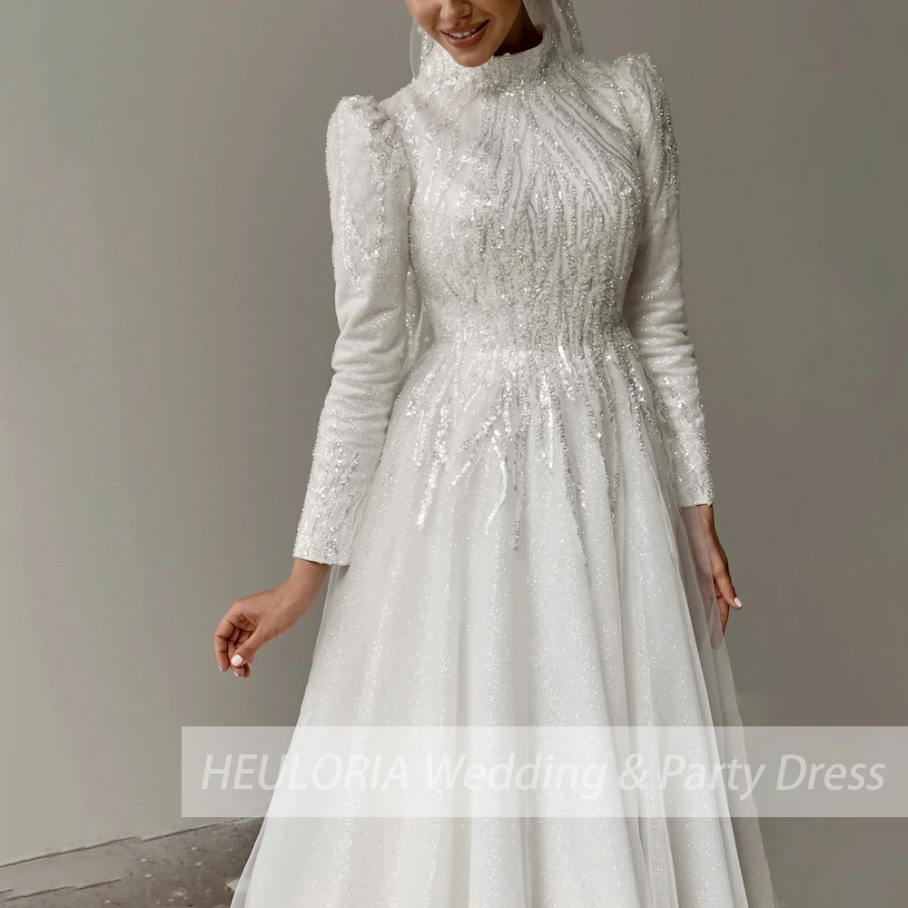 Vestido de Noiva Muçulmano Manga Longa, Vestido De Noiva De Pescoço Alto, Rendas Beading, Elegante, Plus Size