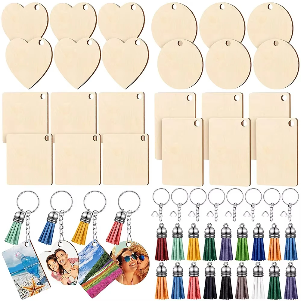 

96pcs/set Wooden Blank Keychains with Leather Tassel Unfinished Keyrings DIY Craft Tags for Valentine's Day Gifts