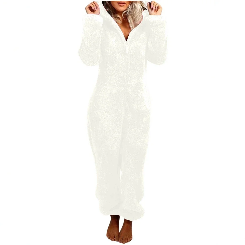 Women's Plush Jumpsuits Autumn Winter Flannel Pajamas Long-Sleeve Zipper High Neck Hat Keep Warm Girl‘s Cloth Sleepwear Homewear