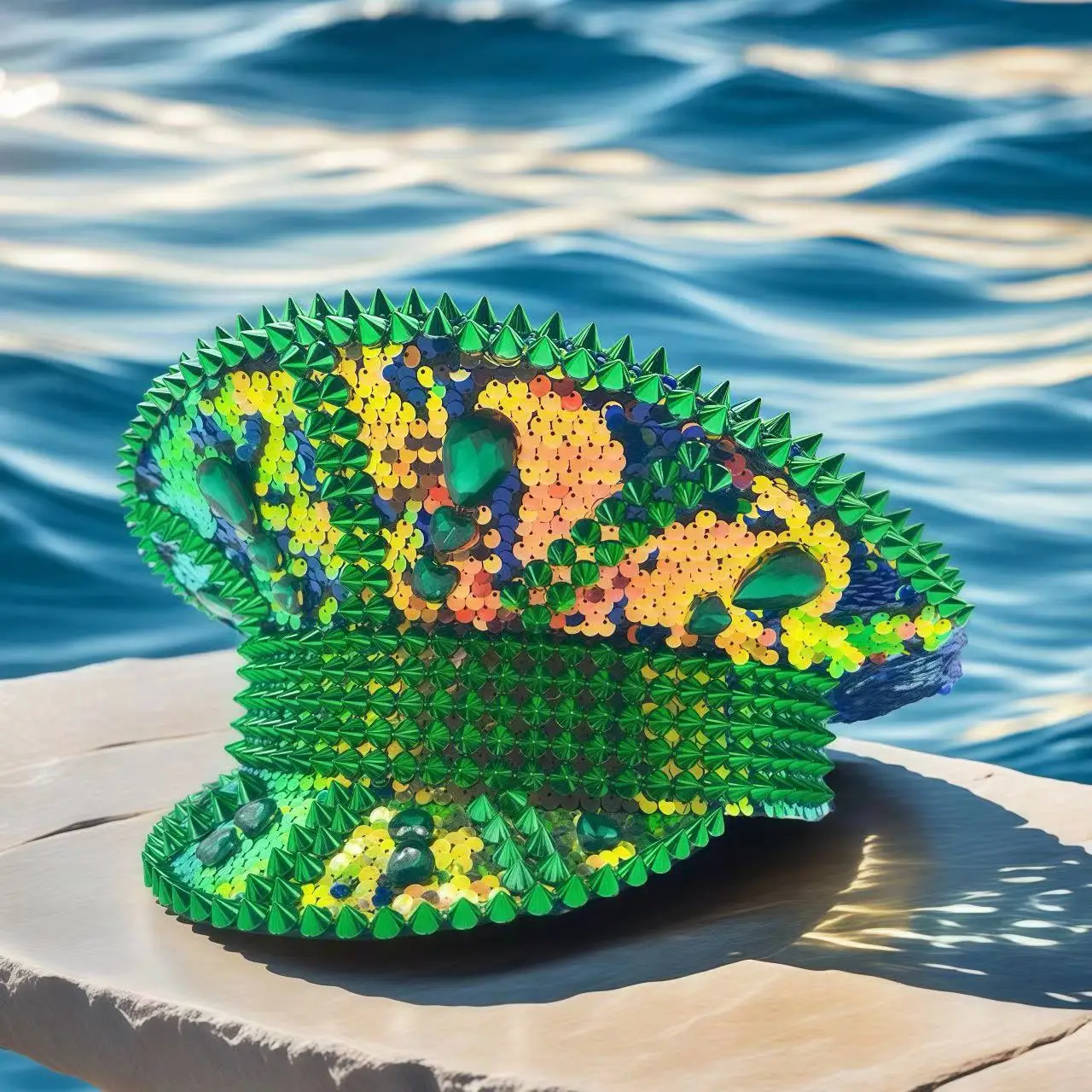 HongLuan Cappello da capitano con anello in pelle laser giallo con strass e berretti militari per donna, accessori per festival rave e berretto da festa da uomo