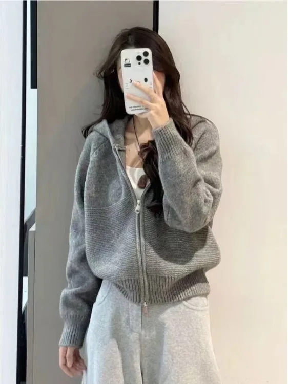 Autumn Winter New Loose Soft Cozy Hooded Zipper Knitted Cardigan Women's Atmosphere Anti-Aging Sweater Jacket Pink Color