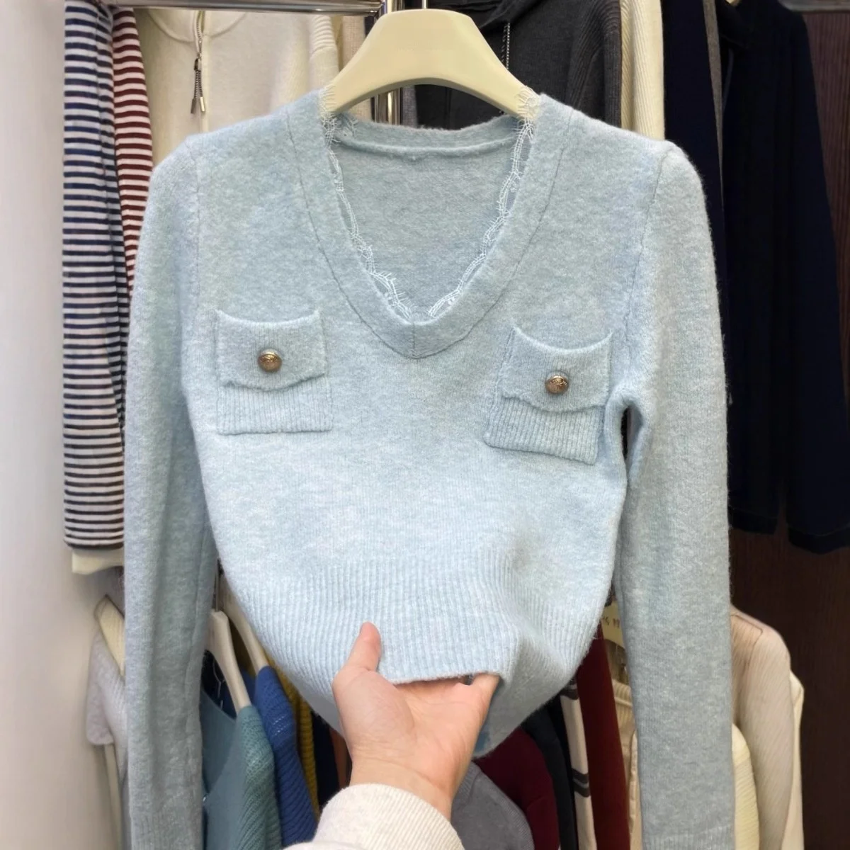 

Стильный вязаный свитер с V-образным вырезом и кружевными вставками для женщин, осенне-зимний, базовый слой, модный, однотонный, длинный рукав