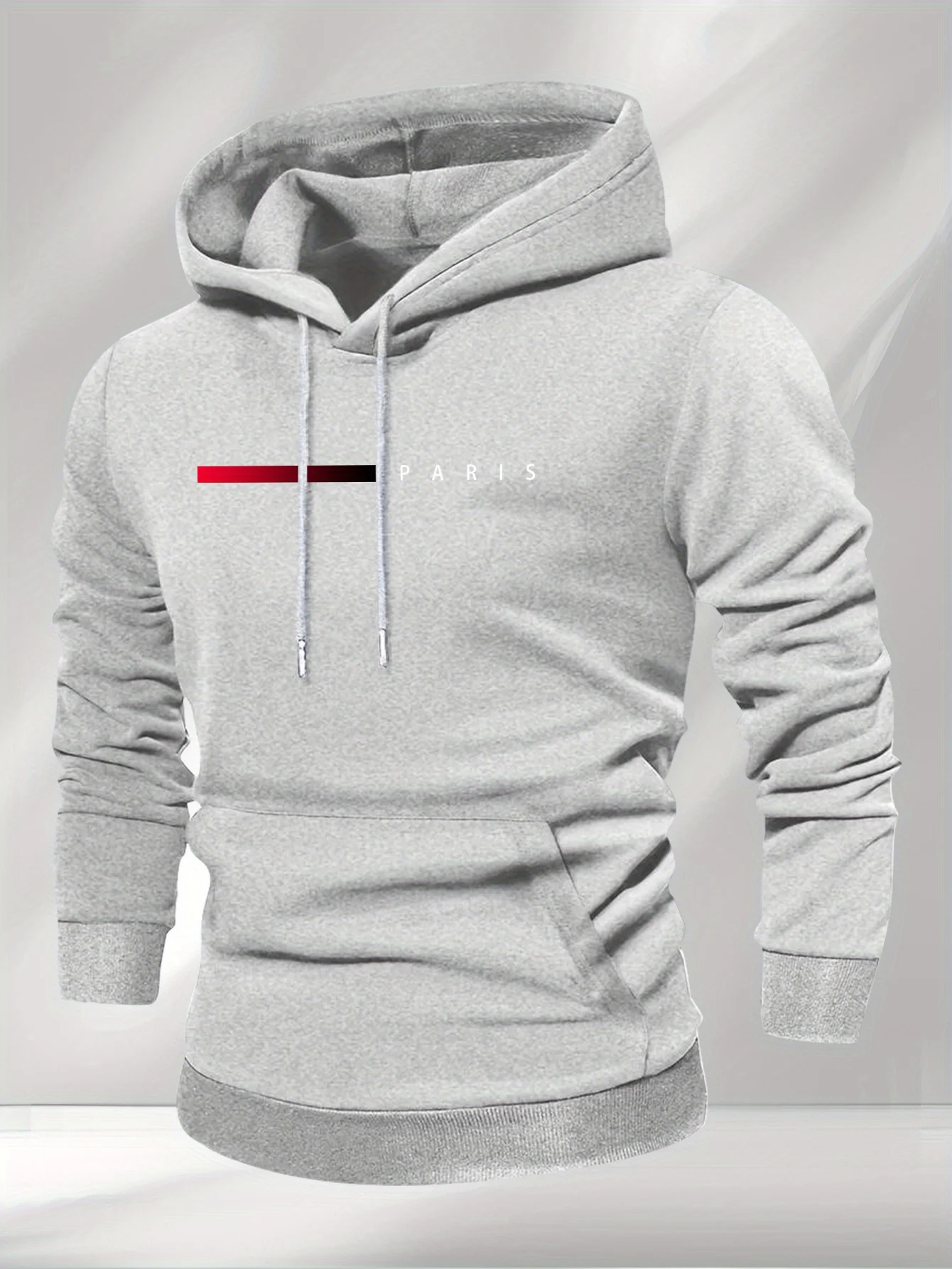 2026 Men Paris Letter Gradient Red‑Bar Pullover Hoodie, Casual Loose Long‑Sleeve Hooded Sweatshirt Autumn Winter Streetwear Tops