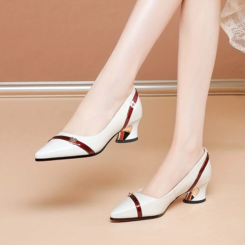 Women's Pointed Toe Block Mid Heels Flower Decor Patent Leather Slip on French Heel Shoes Pumps