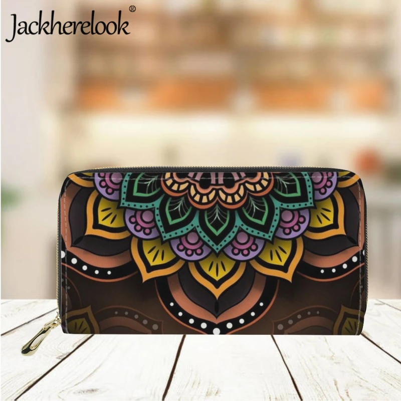 Jackherelook Fashion Women's Leather Wallet Trendy Mandala Pattern Printed Purse Card Holder Ladies Long Clutch Money Bag Gift