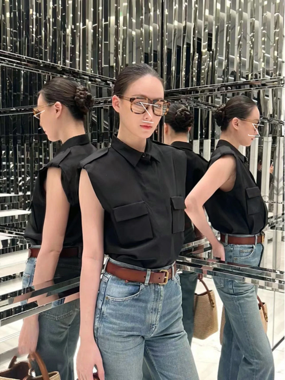 

Casual Workwear Sle Vest ket Design Straight Cut Svel Simple Versatile Slimming irt Summer Long Sve Collar