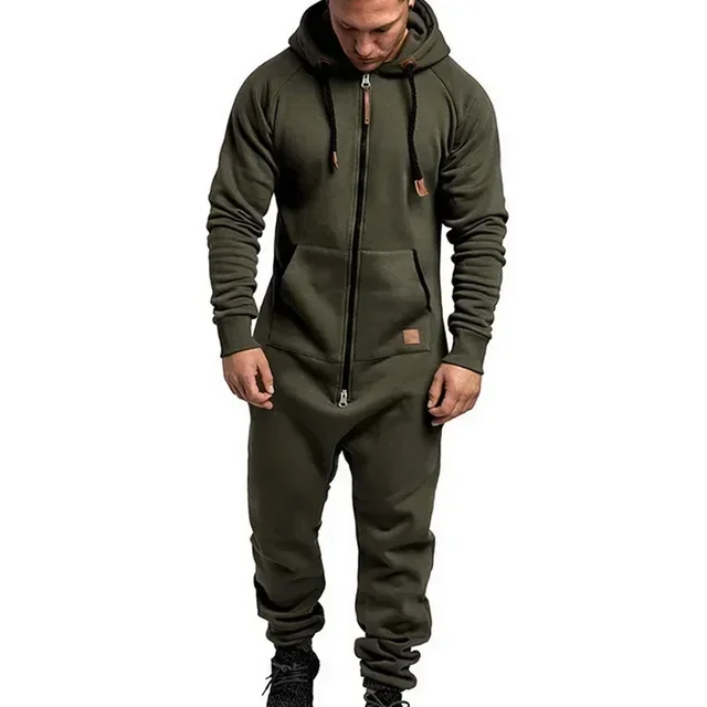 Mens Onesie Fleece Jumpsuit Pajamas Long Sleeve Warm Sweatpants Pure Color Autumn Winter Casual Hoodie Male Zipper Jumpsuit