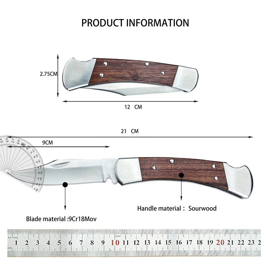 BK 110 Tactical Pocket Folding Knife D2 Blade G10/Wooden Handle Outdoor Camping Knives Tactical EDC Tool with Leather Sheath