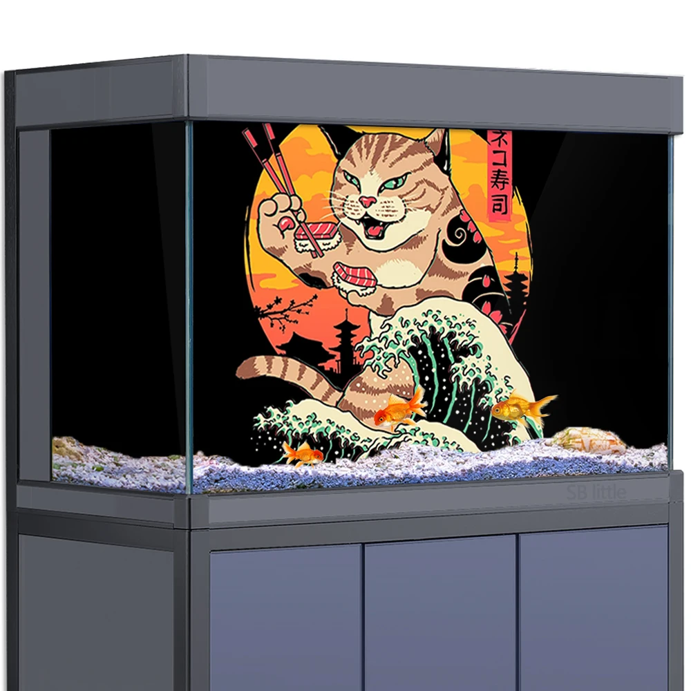 Aquarium Background Sticker -  cats sushi Japan digital HD Poster Decoration - for 5-60 Gallon Fish Tanks Reptile Habitat