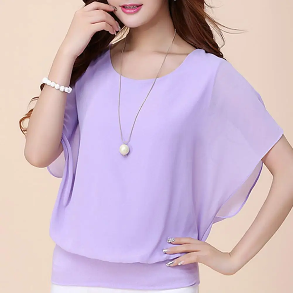 

Women Loose Fit Tops Elegant Chiffon Office Tops for Women O-neck Short Sleeve Pullover Blouses Stylish Loose Fit Solid for Work