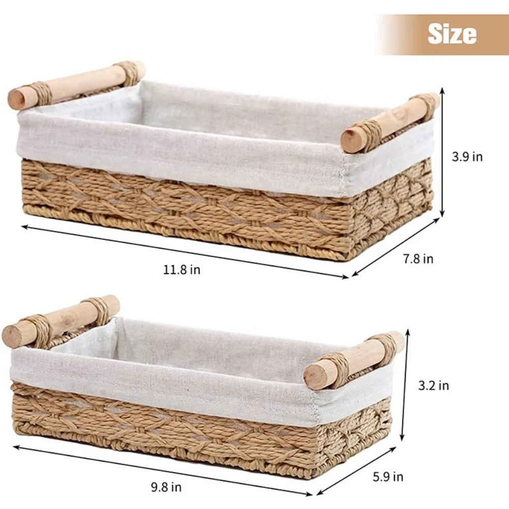 Storage Basket Rope Woven Baskets Caddy with Wooden Handles Set of 2 Countertop Toilet Paper Holder Tray for Home Organizing