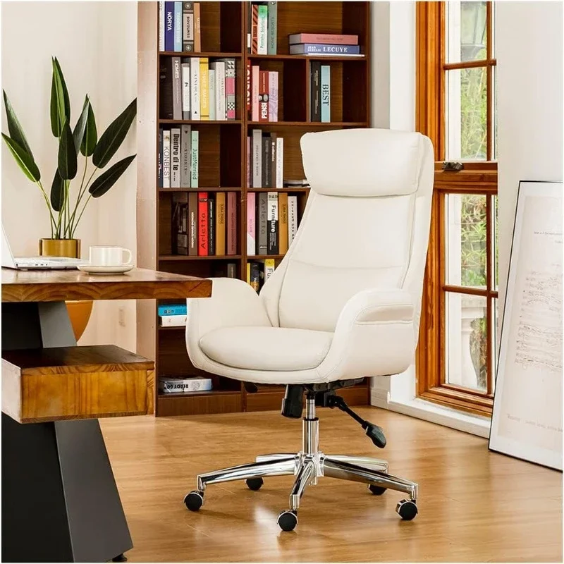 Home High-Back Office Chair Leather Adjustable Swivel Desk Chair with Arms, Cream