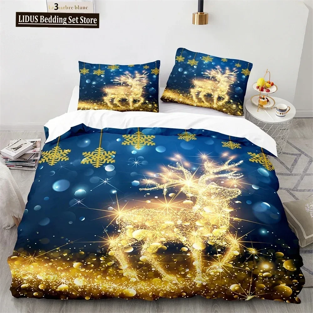 Christmas Duvet Cover Set King Queen Full Size Snowflake Gold Deer Pattern Holiday Bedding Set Polyester Comforter Cover For Kid