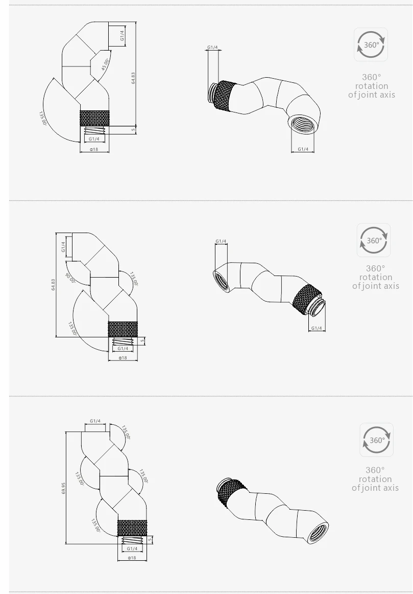 

BYKSKI G1/4'' Thread 90/180 Degree Rotary Fitting Adapter Rotating 90/180 degrees water cooling Metal Adaptors