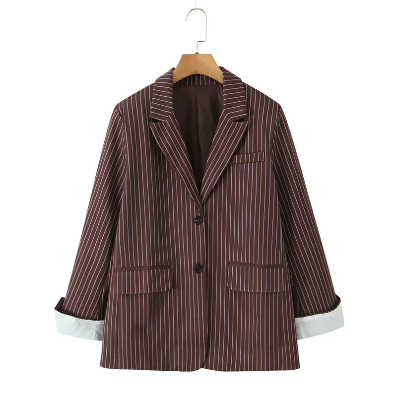 Abito da donna - Blazer versatile a due bottoni vestibilità ampia a righe marroni stile Blogger Abbigliamento da donna alla moda primaverile e autunnale