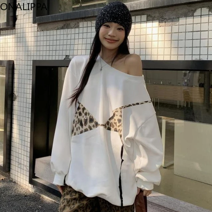 Onalippa Leopard Mid-length Sweatshirt Hoodie Off-shoulder Long Sleeves High Street Bts Pullover Korean High Steet Casual Top