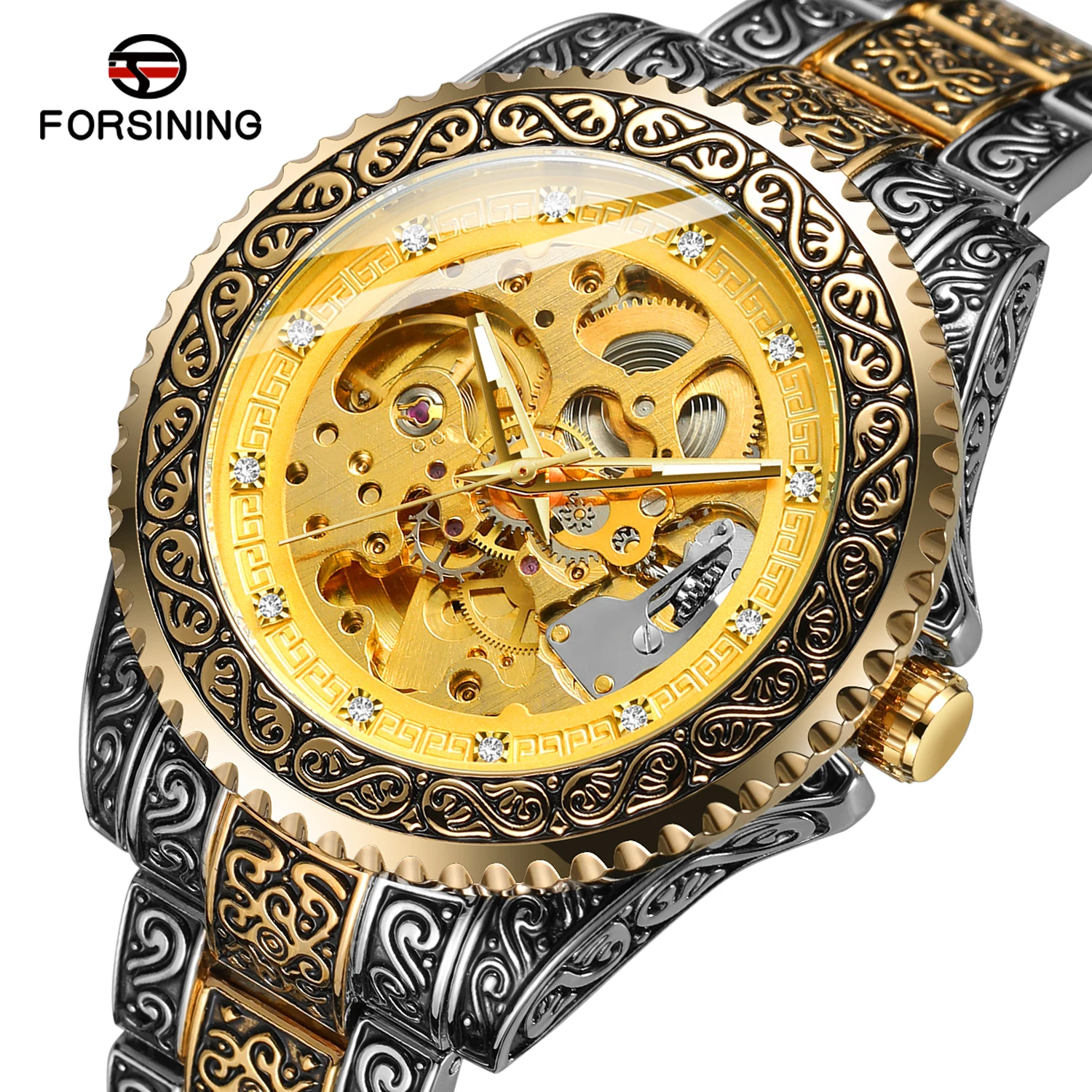 FORSINING Vintage Carving Mens Skeleton Luxury Automatic Mechanical Watches Hollow Rhinestone Dial Stainless Steel Fashion Clock