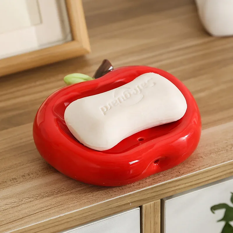 Ceramic Soap Box Easy Cleaning Cartoon Red Apple Soap Storage Container Self Draining Portable Drain Rack Bathroom Accessories