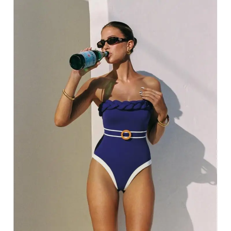 

Flaxmaker 2026 Women Summer Elegant One Piece Swimwear And Skirt Contexture Color Blocking Swimsuit Sets Female Beachwear