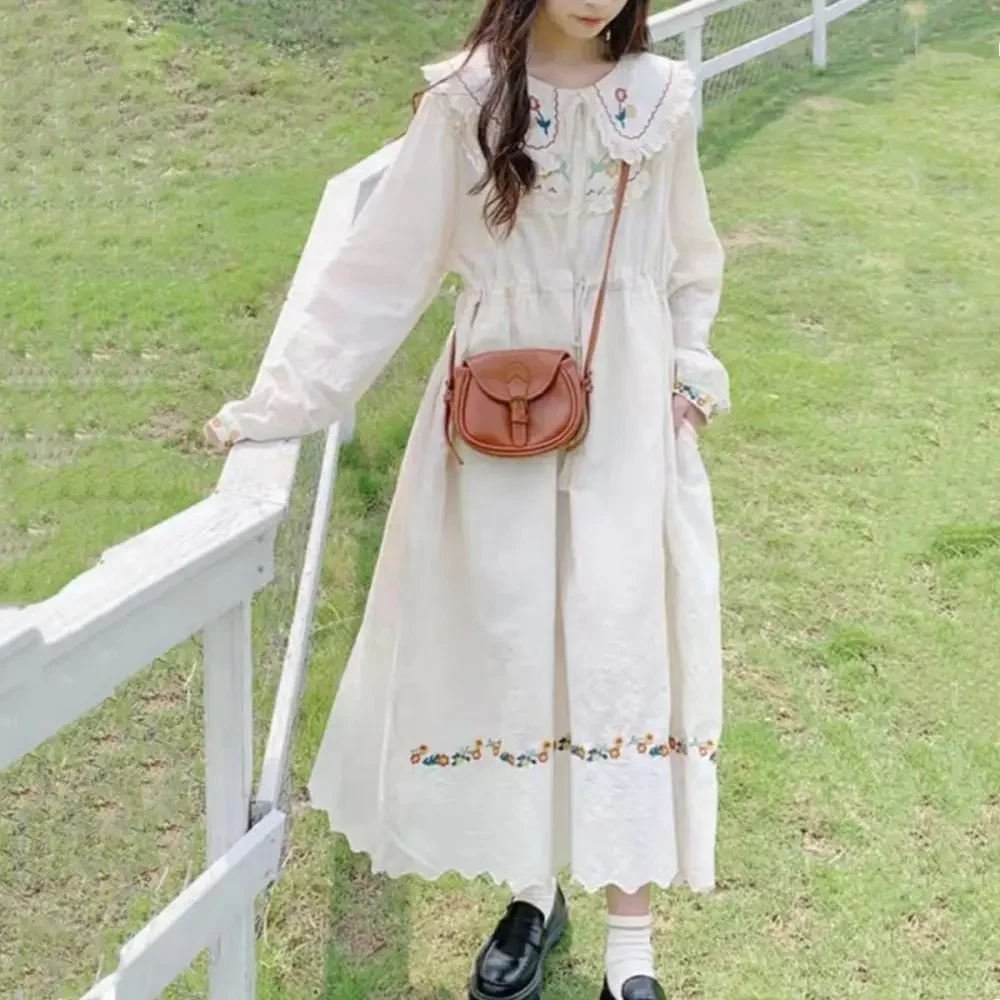 Kawaii Mori Girl Style Flower Embroidery Dress Women Summer Cute Vintage Doll Collar Half-sleeve A Line Beige Long Dress 2024