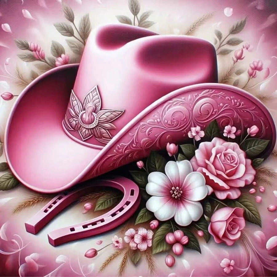 Pink Cowboy Hat Horseshoe Rose Floral Art 5D DIY Diamond Painting Kit Full Drill Handmade Home Wall Decor