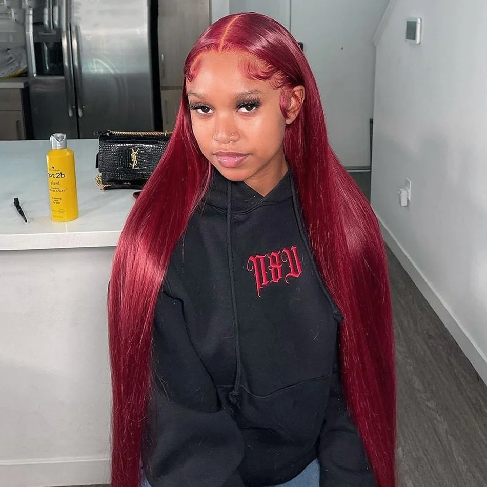 

Straight Burgundy Red 99J Lace Front Human Hair Wigs Pre Plucked 13x4 Transparent Lace Frontal Wig For Women 4x4 Closure Wigs