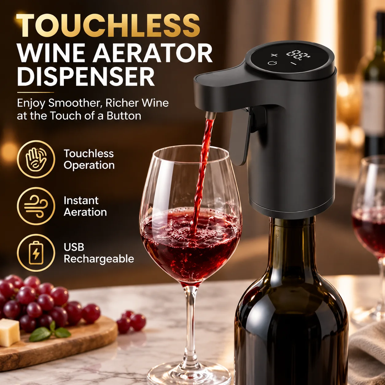 Touchless Electric Wine Aerator Dispenser USB Rechargeable Bottle Pump with LED Light for Whisky Home Bar Party ABS Black White