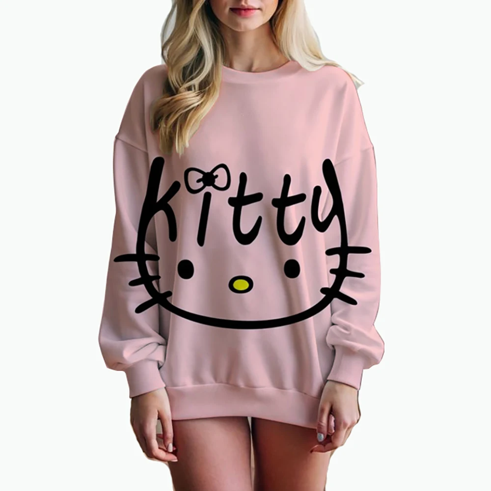 Women\'s Hello Kitty Printed Sweatshirt, High Street Women\'s Hoodie, Y2K Pattern Clothing, Casual Round Neck Sweater