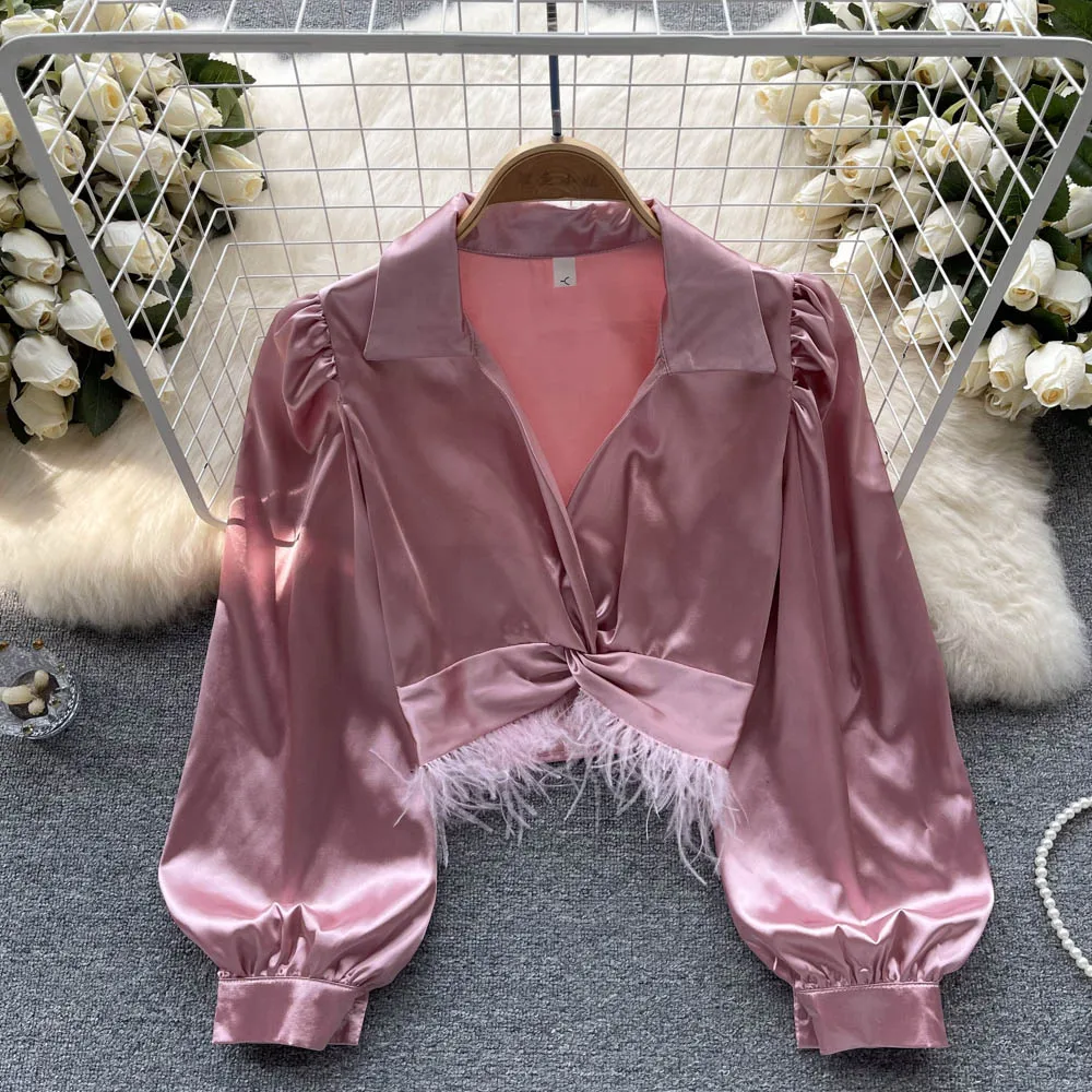 Elegant Satin Fluffy Tassels Long Sleeve Blouse Chic Vintage Korean Fashion Crop Top Women Spring Summer Shirts Gothic Clothing