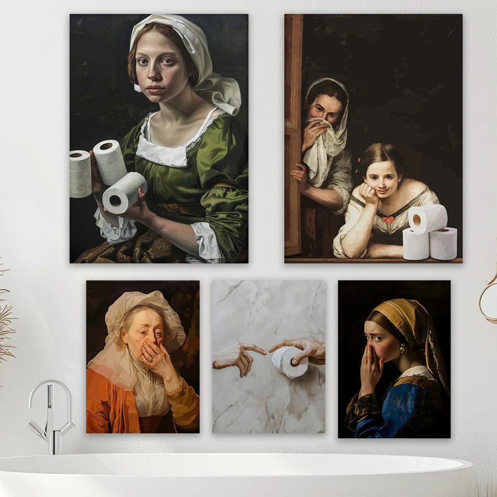 

Art Print Renaissance Women Carries Toilet Paper Eclectic Art Poster Altered Art Print Vintage Pwhimsical Bathroom Wall Decor