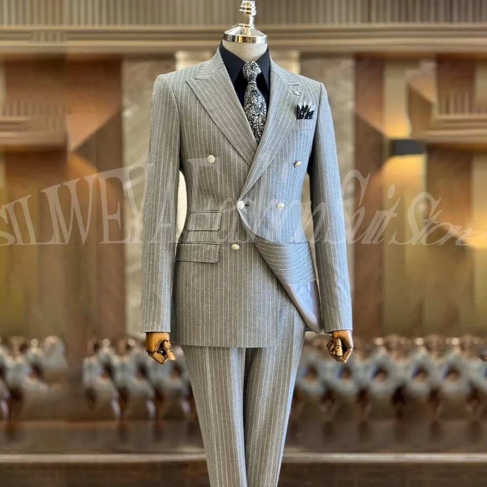 

Light Grey Stripe Fashion Male Suits Business Casual Blazer Set Formal Wedding Groom Tuxedo 2 Pieces Slim Fit Suit Jacket Pants