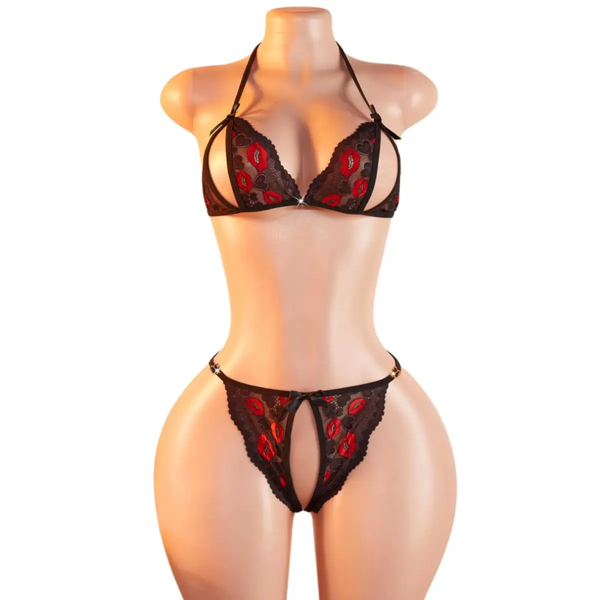 Seductive Red Lip Black Halter Front-Closure Bra & Crotchless Thong Female Underwear Cute Erotic Sexy Lingerie Suit 2-Piece Set