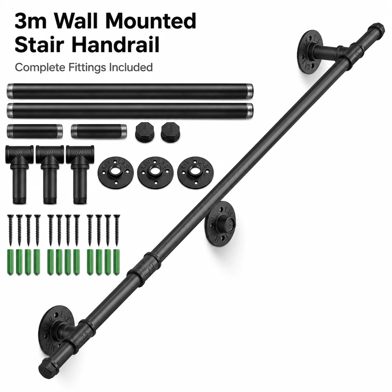 

GOOGO 3m Banister Handrail for Stairs, Wall-Mounted Stair Rail with Fittings for Indoor Outdoor Steps Hallways Safety Support