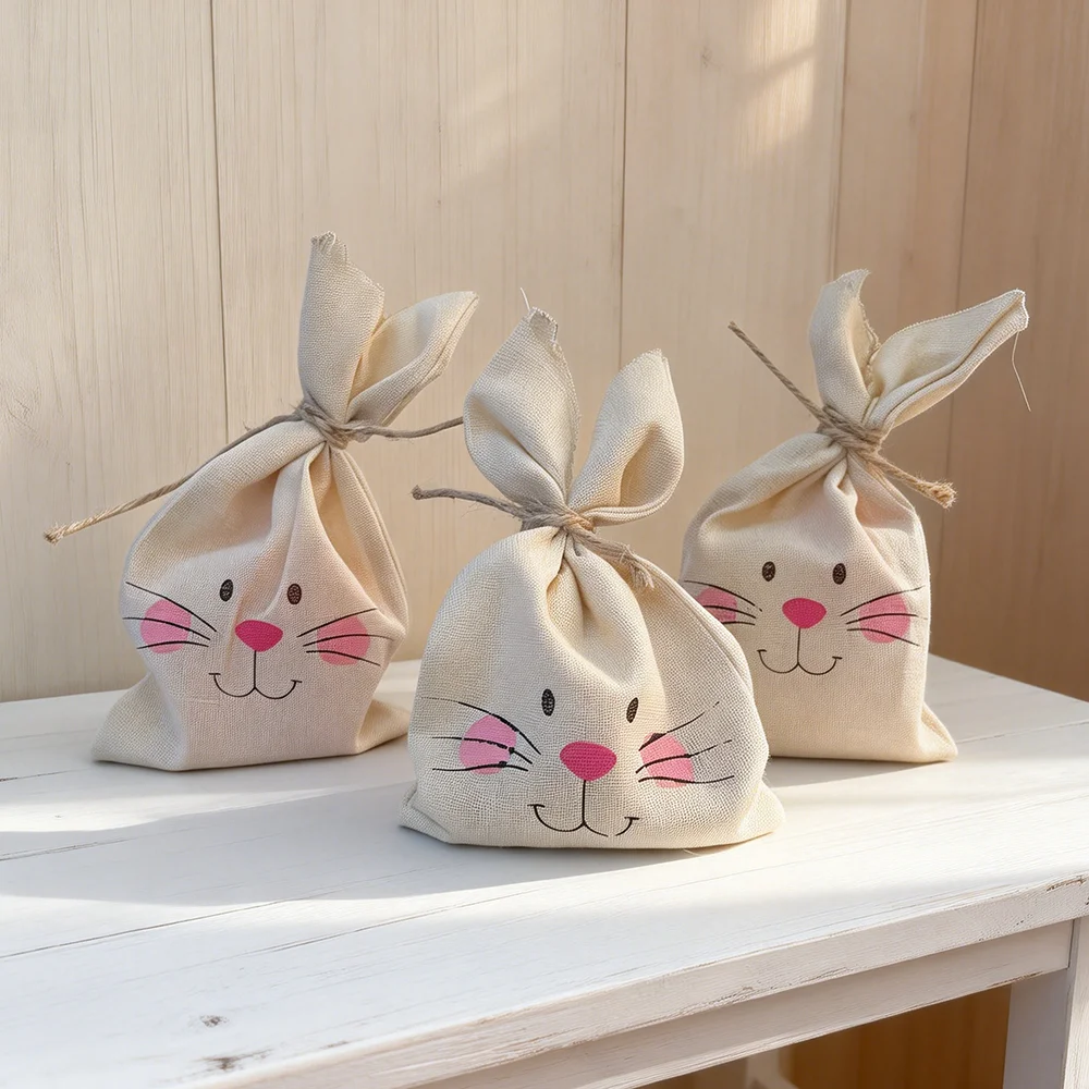 3 Stück Osterhasen-Gesichts-Süßigkeitentüten, wiederverwendbar, langlebig, Aufbewahrungstaschen für Ostereier und Snacks, für Kinder, Osterparty, Gastgeschenke, Eiersuche-Zubehör
