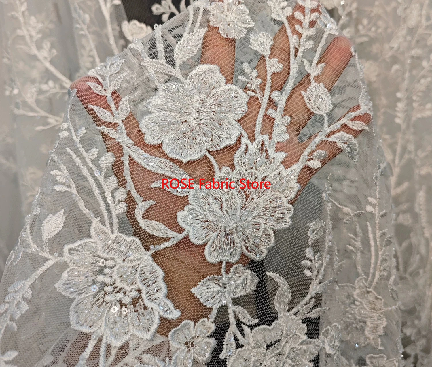 1 Yard Ivory Tulle Flower Sequins  Embroidered Lace Fabric Classic Wedding Gowns Lace For evening gown, girl dress, bridal veil