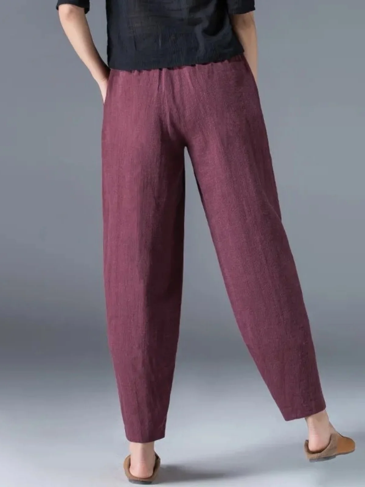 Cotton Linen Harem Pants Women Summer Nine Points Loose Thin Elastic Waist Wide Leg Pants Artistic Versatile Casual Pants