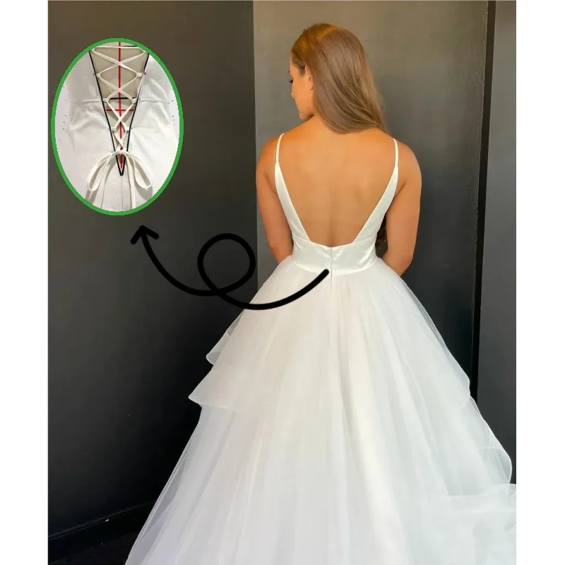 Wakuta Sexy V-Neck Long Tulle Wedding Dresses Spaghetti Straps Homecoming Gowns Ivory Sweep Train Zipper Back Vestidos De Novia