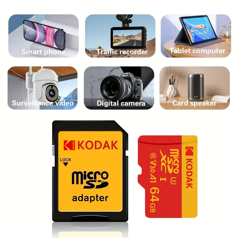 Kodak High Speed ​​Micro SD Card U3 Class 10, up to 100MB/s, TF Memory Card with Adapter - Available in 32GB, 64GB, and 128GB