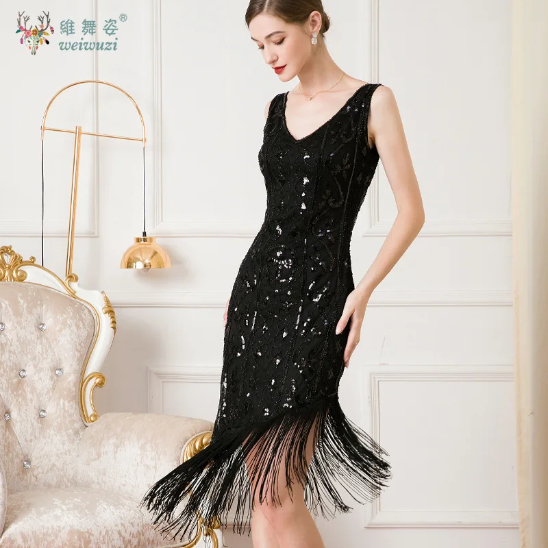 気質優しい高級タッセル刺繍ビーズスパンコールレディースドレスパーティーセクシーな V ネック不規則な女性のタンクドレスレース