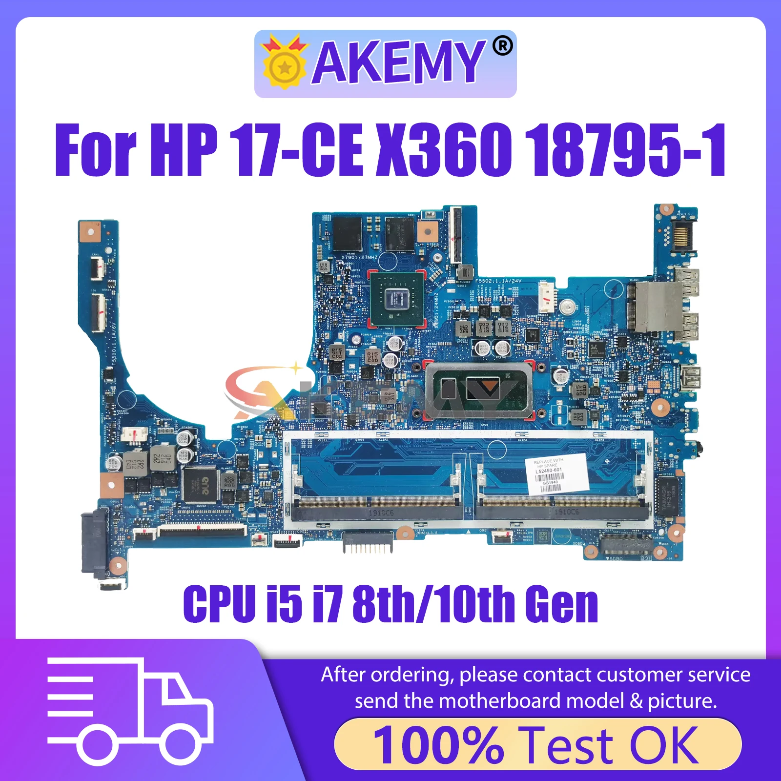 AKEMY 18795-1 Laptop Motherboard For HP 17-CE X360 448.0G811.0011 L52450-601 Mainboard CPU i5 i7 8th/10th Gen MX250 Full Tested