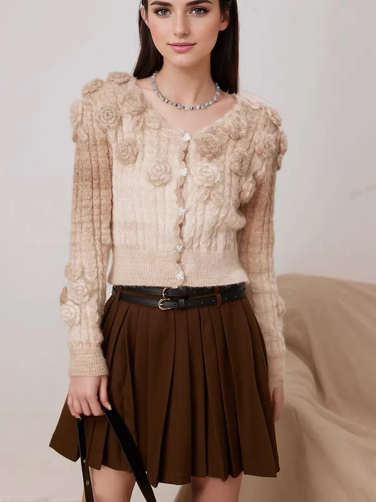 Luxury Designer Brand Mohair Knitted Cropped Cardigan for Women Long Sleeve 3D Flower Twists Short Y2K Sweater Coat C-125