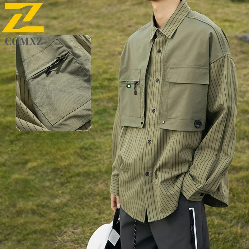 

2025 Camping Adventure Shirt Jacket Men's Vintage Cargo Cotton Striped Coat Women Camping Photographer Reporter Pocket Work Top