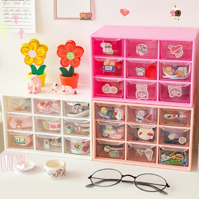 

Kawaii 9 Grids ABS Drawer Desktop Organizer Multi-functional Cosmetics Makeup Office Desk Stationery Storage Box Holders