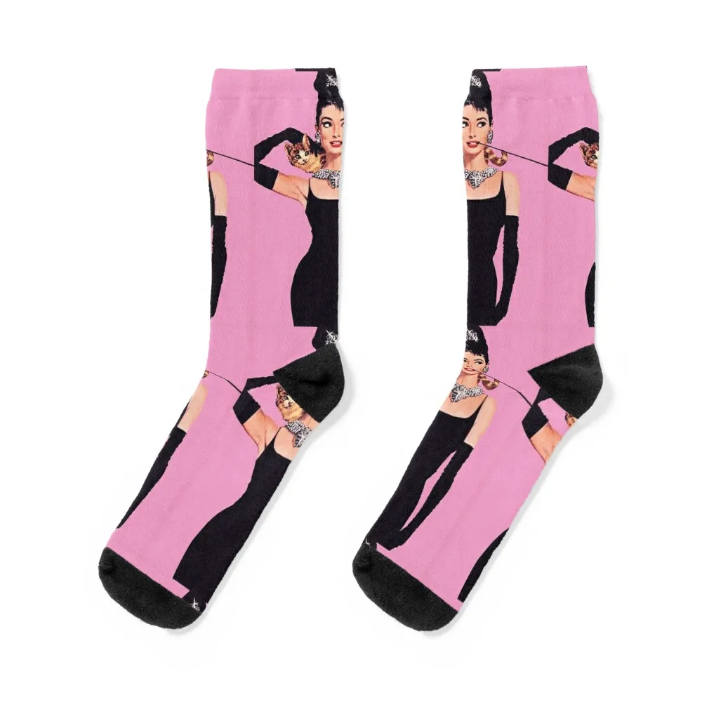 Audrey Hepburn ( Holly Golightly) Breakfast of Tiffany's with Cat Socks retro halloween Socks Man Women's