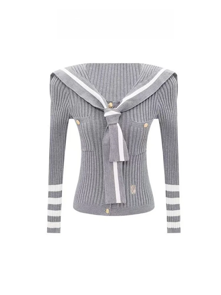 

Slim Fit Naval Collar Striped Knitwear Women's Spring Design Casual Sle Comfortable Sweater Trendy Outerwear Top
