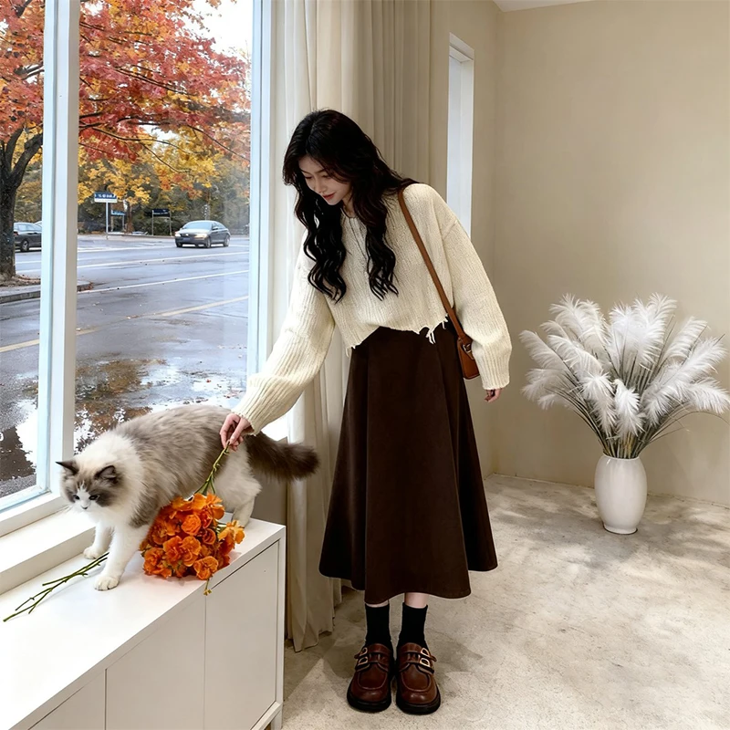 

Зимний новый трикотаж с отверстиями для девочек, большой размер, Fat MM Design Sense ort Top f Юбка, комплект из двух предметов, повседневный Sle