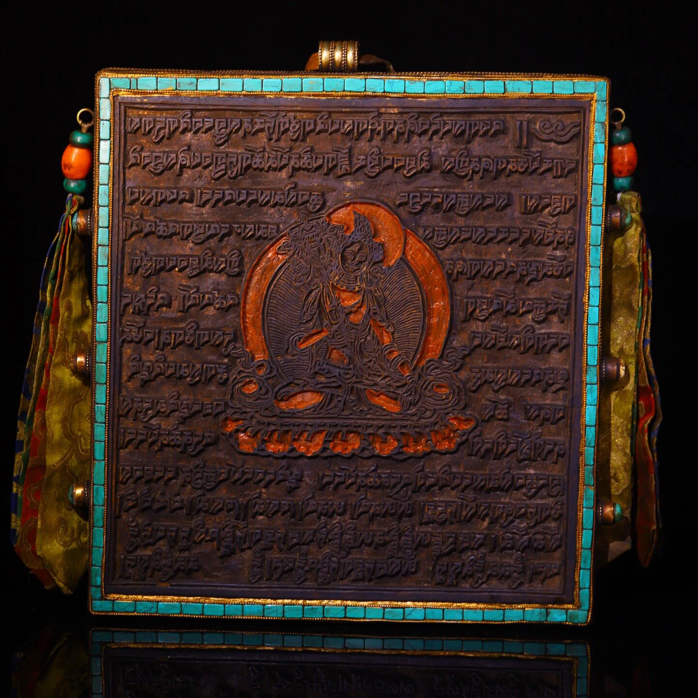 Handmade Tibetan Recycled Hand-carved Gemstone Inlaid Wood Scripture Board Relief Printing Block Wall Altar Decor Gift